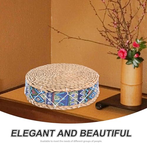 Ciieeo Meditation Floor Cushion Round Woven Straw Seat Mat 30cm Diameter 7cm Height Blue Husk Braided Cushion for Living Room Tatami Balcony Sitting