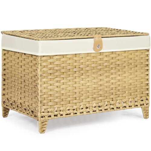 Honjourai Wicker Storage Basket with Lid,Rattan Shelf Basket with Removable Liner Bag,200L Storage Bin,Storage Trunk with Heightened Feet,Storage Container for Wardrobe,Home Organizer - color: Natural, size: 200L