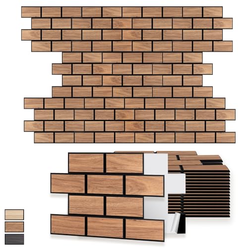 WoveN SounD Brick Acoustic Wall Panels, 16 Pack 16x12 Inch, PVC Wood Grain Carved Sound Proof Wall Decor, Self-Adhesive for Home, Studio, Office & Focus Zones, Teak - color: Brick, Wood Veneer, Teak, 16 Pack