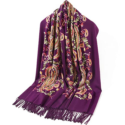 Embroidered Brushed Shawl Paisley Leaves Pattern Scarf Soft Ponchos Wrap Cape With Fringes - color: 020-purple