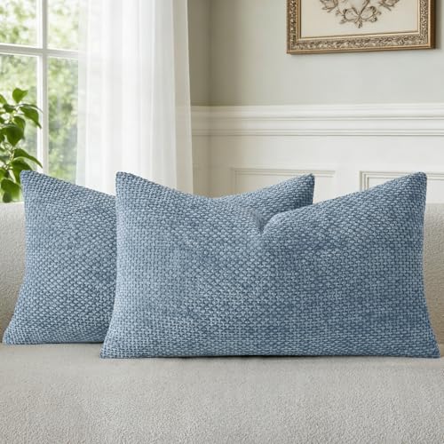a moment Blue Chenille Throw Pillow Covers 12x20 Inch Pack of 2 Modern Decorative Throw Pillow Covers Farmhouse Cross Covers Modern Home Decor for Sofa Bedroom Living Room - color: Blue, size: 20" x 12" (Pack of 2)