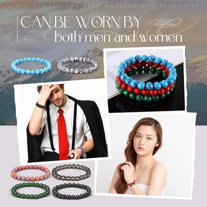 24 Pcs Gemstones Beaded Bracelets Bulk for Women Men 8mm Stretch Round Semi Precious Stone Bracelets Set - color: Classic