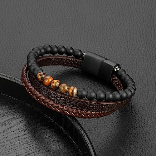 FOCOOG Leather Bead Bracelets for Men, Natural Tiger Eye Lava Rock Stone Bead Magnetic Clasp Adjustable Leather Bracelets Stress Relief Mens Anxiety Bracelet Mens Jewelry Gifts - style: Brown Leather-Matte Agate&Tiger Eye