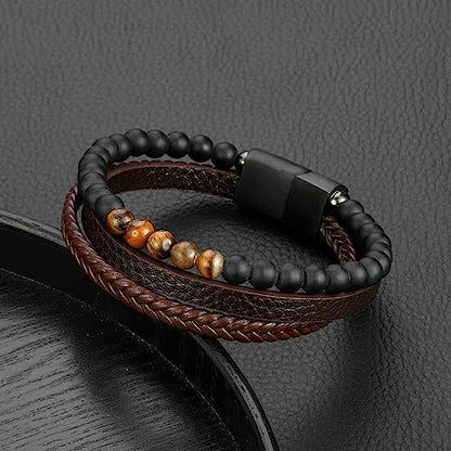 FOCOOG Leather Bead Bracelets for Men, Natural Tiger Eye Lava Rock Stone Bead Magnetic Clasp Adjustable Leather Bracelets Stress Relief Mens Anxiety Bracelet Mens Jewelry Gifts - style: Brown Leather-Matte Agate&Tiger Eye