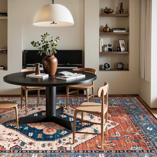 Lahome 8 x 10 Area Rugs for Living Room Boho Washable Non-Slip Backing Large Rug Ultra-Thin Stain Resistant Dining Room Rugs for Under Table, Oriental Print Rugs for Bedroom Adelyn (Rust, 8'x10')