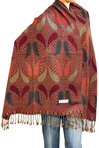 Falari Women's Reversible Paisley Pashmina Shawl Wrap Scarf For Evening Dresses Festivals Any Occasions All Seasons 80"x27" - color: Style 2 - Burgundy Grey