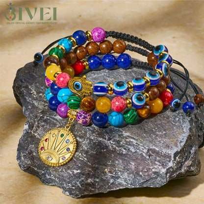 Bivei Chakra Bead Bracelets for Women - 8mm 7 Chakra Bracelet With Real Stones Yoga Gemstone Jewelry 3 Pack - style: #1 Set of 3 Evil Eye
