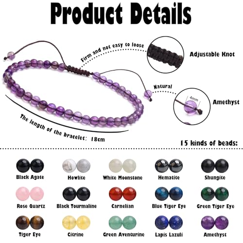 BONNY BOXX Braided Genuine Bracelet, Elegant Handcrafted Natural Gemstone Crystal Bracelet Healing Power Energy Inspirational Gifts with Card for Unisex - color: Amethyst, size: 4MM