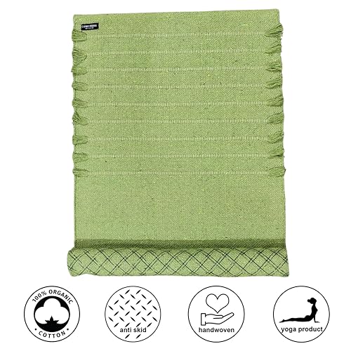Handmade Organic Cotton Yoga Mat Natural Yoga Mat - Yoga Rug - Exercise, Workout, & Fitness Rug Made of 100% Cotton - Woven Material - Absorbent & Washable - 72"" x 24"" (Green)