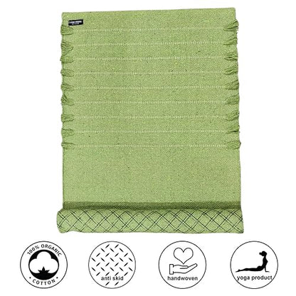 Handmade Organic Cotton Yoga Mat Natural Yoga Mat - Yoga Rug - Exercise, Workout, & Fitness Rug Made of 100% Cotton - Woven Material - Absorbent & Washable - 72"" x 24"" (Green)