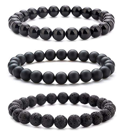 Men Women 8mm Natural Stone Lava Rock Diffuser Bracelet Elastic Yoga Agate Beads Bracelet Bangle - color: Set 2