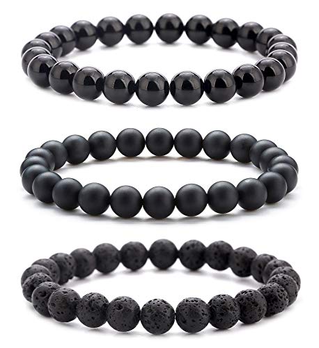 Men Women 8mm Natural Stone Lava Rock Diffuser Bracelet Elastic Yoga Agate Beads Bracelet Bangle - color: Set 2