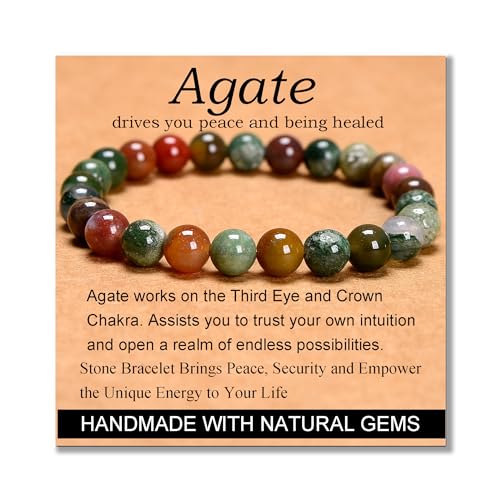 MASSIVE BEADS Handmade Yoga Stretch Elastic Bracelet Natural Stone Crystal Healing Power Energy Gifts for Unisex Adult 4mm 6mm 8mm 10mm - color: Indian Agate(Peaceful), size: 8mm