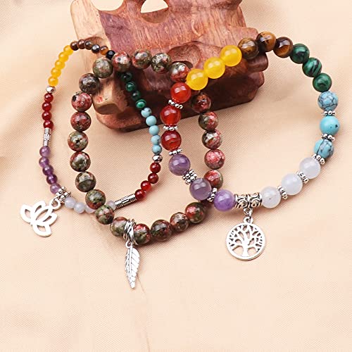 Tree of Life Yoga Healing Stone Bracelets,Multilayer Lotus Chakra Stone Reiki Bracelet Sets,Anxiety Crystal Natural Stone,for Women Stress Relief - style: chakra+natural Epidote