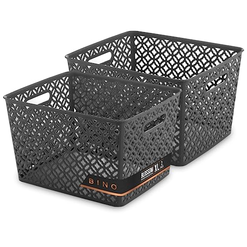 BINO l Plastic Storage Baskets, XLarge - Grey | THE BLOSSOM COLLECTION l Multi-Use Organizer Bin l Built-in Handles l Plastic Woven Basket for Organizing l Pantry & Home Organizing Basket - color: Grey, size: 2PK X-Large