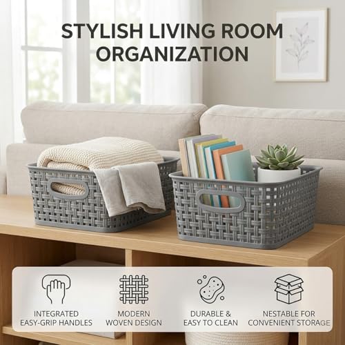 Weave Plastic Storage Basket 6-Pack, Woven Grey Baskets Bins for Organizing Bathroom, Kitchen and Office