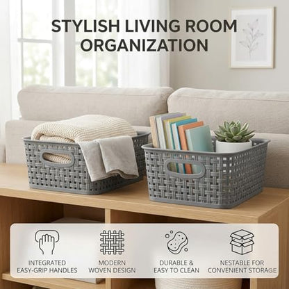 Weave Plastic Storage Basket 6-Pack, Woven Grey Baskets Bins for Organizing Bathroom, Kitchen and Office