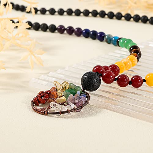 Bivei 108 Mala Beads Necklace Life Tree 7 Chakra Wrap Bracelet Real Healing Gemstone Yoga Meditation Hand Knotted Mala Prayer Bead Necklace - color: Lava Rock Stone, size: 8mm