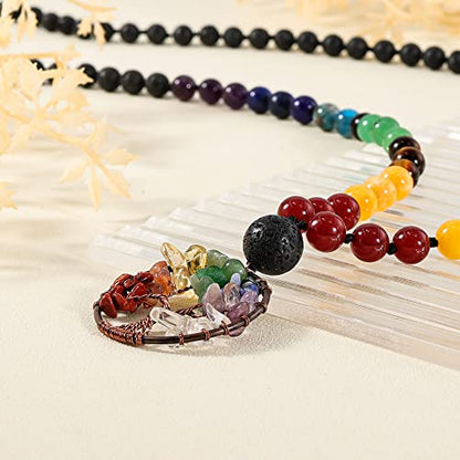Bivei 108 Mala Beads Necklace Life Tree 7 Chakra Wrap Bracelet Real Healing Gemstone Yoga Meditation Hand Knotted Mala Prayer Bead Necklace - color: Lava Rock Stone, size: 8mm