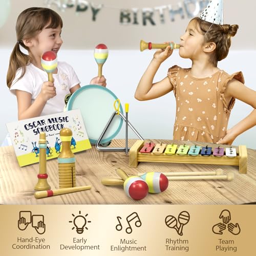 Musical Instruments Set - Montessori Wooden Toys for Toddlers 1-3 | Modern Boho Baby Xylophone with Songbook | Neutral Colors Percussion Instruments | Kids Preschool Educational - style: Xylophone