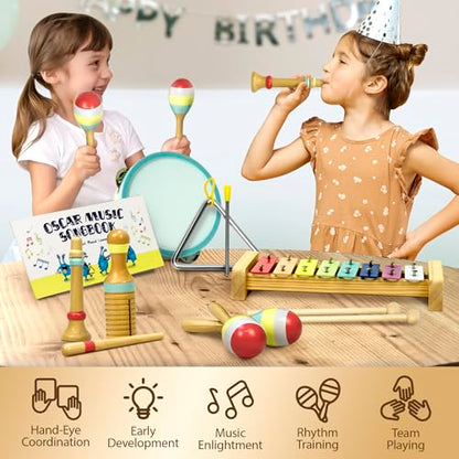 Musical Instruments Set - Montessori Wooden Toys for Toddlers 1-3 | Modern Boho Baby Xylophone with Songbook | Neutral Colors Percussion Instruments | Kids Preschool Educational - style: Xylophone