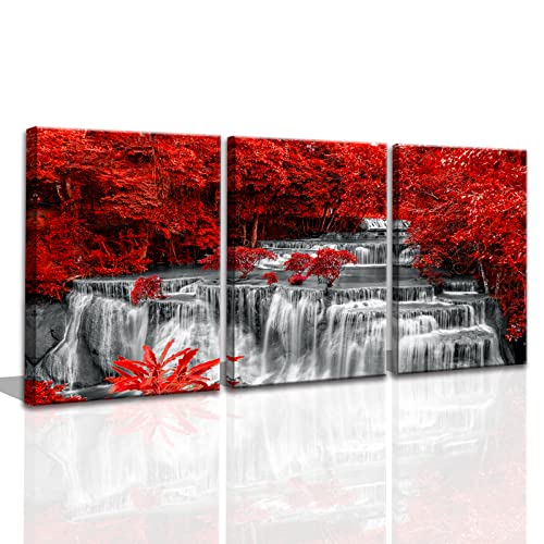 Yxbhhym Black White and Red Waterfall Canvas Wall Art Forest Paintings Waterfall Artwork for Wall Print Landscape Wall Picture for Living Room Wall Decor Large Framed Wall Art -24x48inches - color: Black White Red3, size: 16"x24"inches x 3 pcs