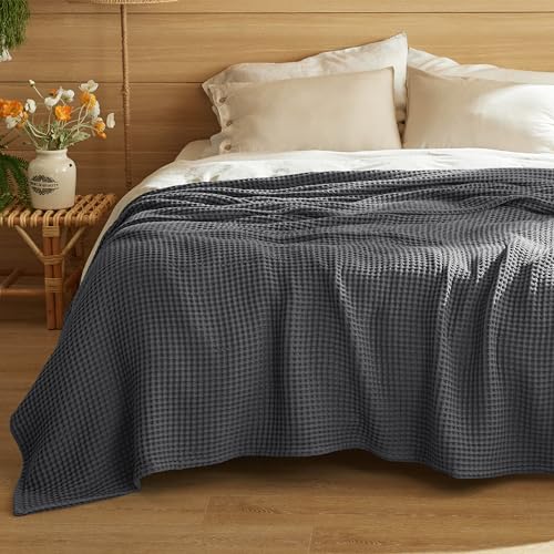 Bedsure 100% Cotton Blanket Queen Size for Spring Summer, Waffle Weave Thin Lightweight Breathable Blanket for Bed, Cotton Bedding Room Decor Gifts for Women, Men, Dark Grey, 90" x 90" - color: Dark Grey, size: Queen (90" X 90")