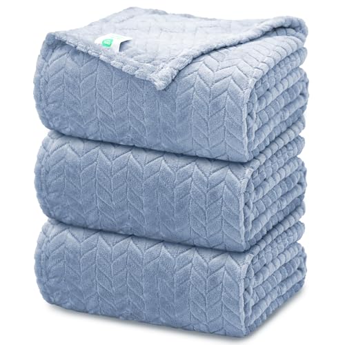 3 PC Flannel FleeceThrow Blanket, 50"x70" | 300GSM Soft Blankets for Couch Bed, No Shedding No Pilling Wedding Decorative Throw, Machine Washable (Grayish Blue) - color: Grayish Blue