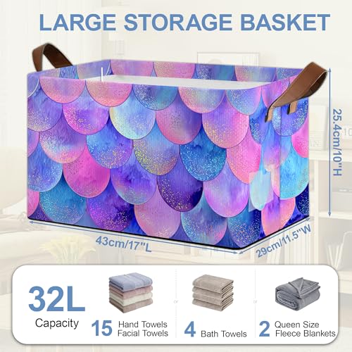 Glitter Fish Scales Storage Baskets,Mermaids Foldable Organizer Bin with Handles for Home Living Room Bedroom Closet Box 17x11.5x10Inch - color: Glitter Fish Scales Mermaids