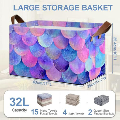 Glitter Fish Scales Storage Baskets,Mermaids Foldable Organizer Bin with Handles for Home Living Room Bedroom Closet Box 17x11.5x10Inch - color: Glitter Fish Scales Mermaids