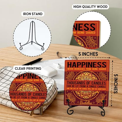 Buddha Happiness Quote Desk Decor, Funny Office Inspirational Gifts for Family Friends, Meditation Room Tabletop Decor, Zen Home Office Wooden Plaque Sign with Stand (J03) - style: Happiness