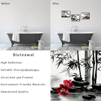Biuteawal 3 Panels Zen Wall Art Black and White Bathroom Decor Zen Stone with Bamboo Picture Print Peaceful Artwork Painting Spa Living Room Kitchen Bedroom Framed