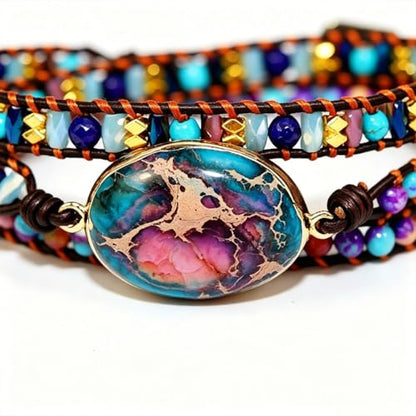 Handmade Boho Wrap Bracelets Natural Turquoise Crystal Stone Variety Beaded Strand Bracelet - color: Purple