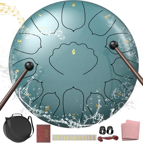 D Major Steel Tongue Drum Handpan, 12 Inch 13 Note Rain Drum for Garden Outside, Meditation Rain Chime, Musical Percussion Instrument for Adult Gift with Bag, Music Book, Drum Mallets (Moss Blue) - color: Moss Blue, size: 12 Inches