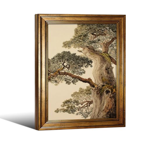 Ancient Pine Tree Wall Art 12x16 Inch Gold Framed Japanese Nature Botanical Poster Asian Calm Forest Canvas Painting Vintage Oriental Zen Wall Decor - color: Beige, size: 16"L x 12"W, style: Gold Framed
