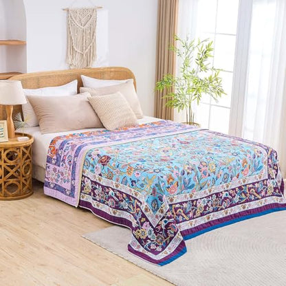 Fall Blanket for Bed, 100% Cotton Soft Rustic Boho Throw Blanket Quilt, 50"x60" Farmhouse Decor Bed Flower Blankets, Light Weight Reversible Bohemian Throw Quilt