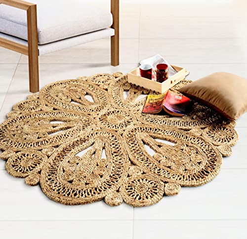 Handwoven Jute Area Rug-6 feet Round- Natural Fiber Boho Soft Braided Rustic Vintage Beige Reversible Eco Friendly Farmhouse Rugs-Indoor Outdoor Kitchen Bedroom LivingRoom Hallways (6' Circle) - color: Natural- 02, size: 6' (Round)