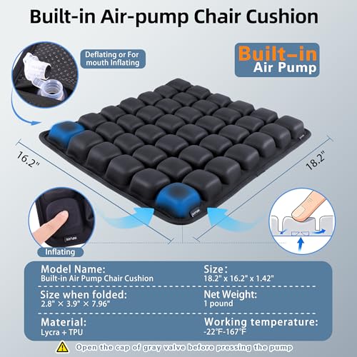 Inflatable Travel Seat Cushion, Built-in Air Pump Car Airplane Chair Cushion for Long Flight Driving Sitting, Office Chair Wheelchair, Pressure Sore Relief, for Sciatica,Coccyx & Buttock Bed Sore SC01