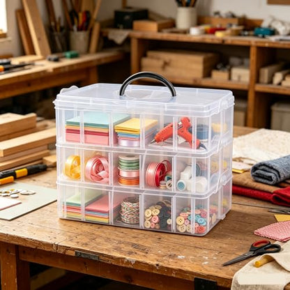 3-Tier Stackable Storage Container Box with Dividers-30 Compartments, Bead Organizers with Latch Lid for Art Craft Storage, Washi Tape, Ornaments, Jewelry, Beauty & Sewing Supplies