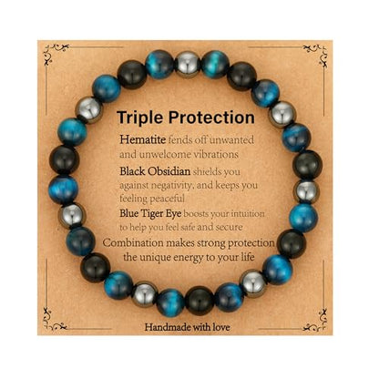 Gnamy Crystal Bracelet Gifts for Men Him- Triple Protection Hematite Black Obsidian Tiger Eye Gemstone Beaded Bracelets Birthday Healing Jewelry Gifts - style: Style 2