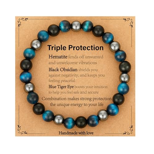 Gnamy Crystal Bracelet Gifts for Men Him- Triple Protection Hematite Black Obsidian Tiger Eye Gemstone Beaded Bracelets Birthday Healing Jewelry Gifts - style: Style 2