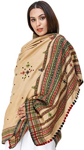 Exotic India Shawl from Kutch with Embroidered Bootis and Mirrors - Wool - color: Beige