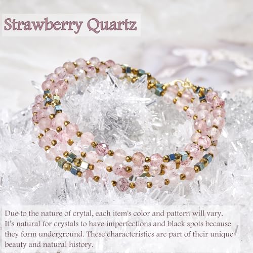 Farfume Beaded Bracelets for Women, Chakra Crystal 4mm Beads Gemstone Natural Stone Bead Spiritual Jewelry Gifts for Women - color: Strawberry Quartz-Love & Warmth