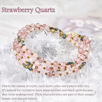 Farfume Beaded Bracelets for Women, Chakra Crystal 4mm Beads Gemstone Natural Stone Bead Spiritual Jewelry Gifts for Women - color: Strawberry Quartz-Love & Warmth