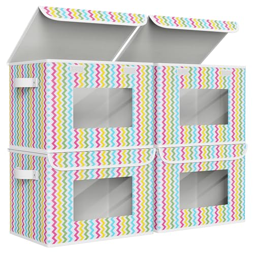 Univivi Fabric Foldable Storage Boxes [4-Pack] Large Collapsible Stackable Storage Bins with Lids, Closet Organizers and Storage Cube Basket for Home, Office, Bedroom (Colorful, 17”x 12” x 12”) - color: Colorful Ripple, size: 17''-4 Pack
