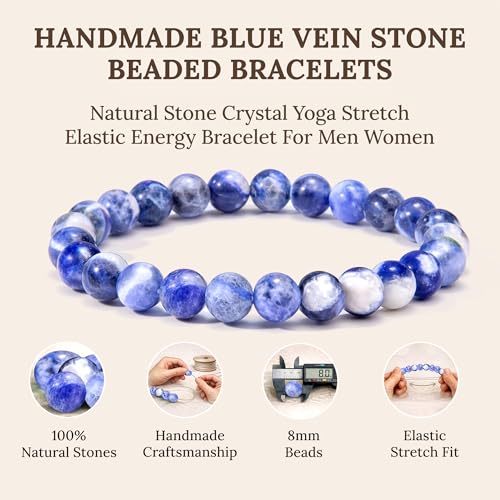 Elm City Direct 8mm Natural Stone Beaded Bracelet – Unisex Crystal Stretch Bracelets for Men & Women, Chakra & Healing Jewelry, Gift-Ready Beaded Bracelets - color: Blue Vein Stone