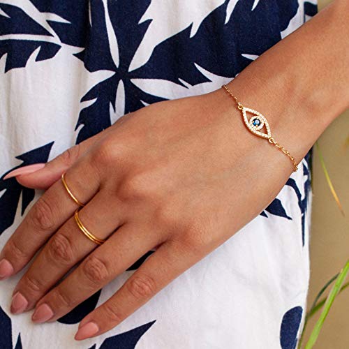 WEARON Gold Bracelet for Women 14K Gold Plated Snake Herringbone Figaro Cuban Bead Paperclip Cable Box Chain Simple Jewelry - style: CZ Eye