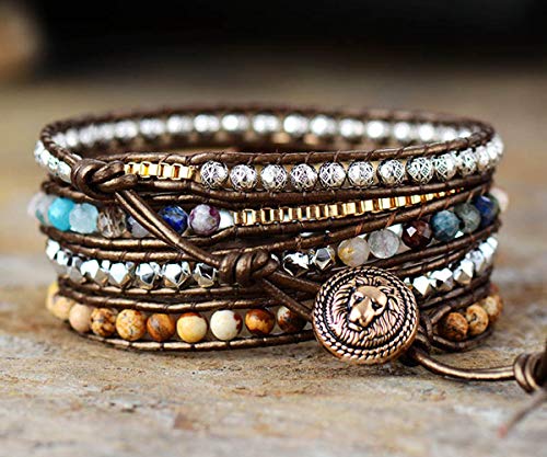 Boho Wrap Bracelet for Women, Handmade Natural Imperial Jasper Multi-Layer Stone Beaded Bracelet, Bohemian Healing Crystal Stone Jewelry Gifts - color: Brown Agate