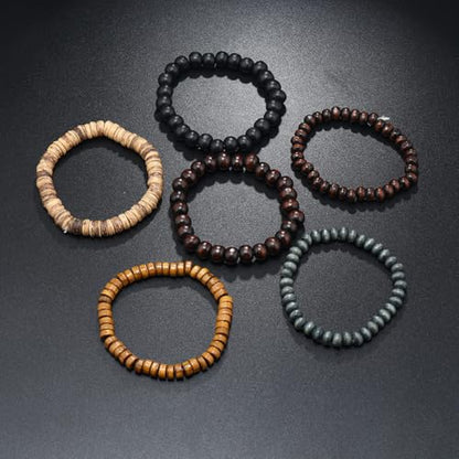 Puka Shell Bracelet for Men Wooden Bracelets Turquoise Stack Beaded Minimalist Trendy Jewelry for Friend Gift - style: 6pcs-Brown