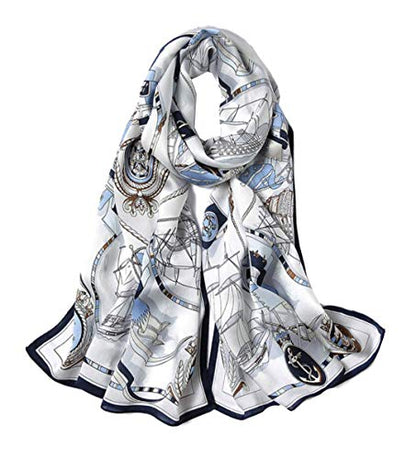 100% Mulberry Silk Long Scarf for Women Large Shawls for Headscarf and Neck- Oblong Hair Wraps with Gift Packed - color: White&blue-sailing